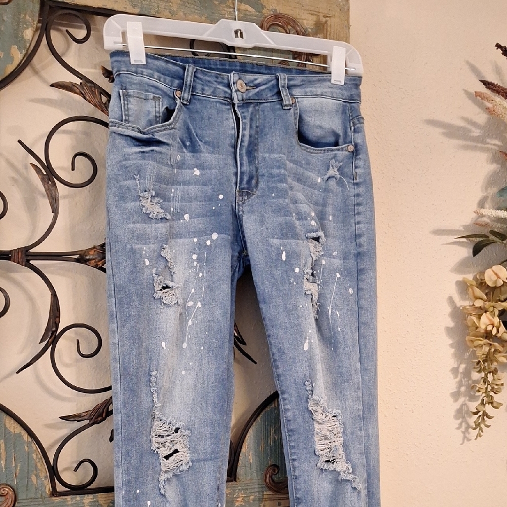 Trendy Paint Splatter Blue Distressed  Skinny Jeans. Size Medium - Picture 7 of 12